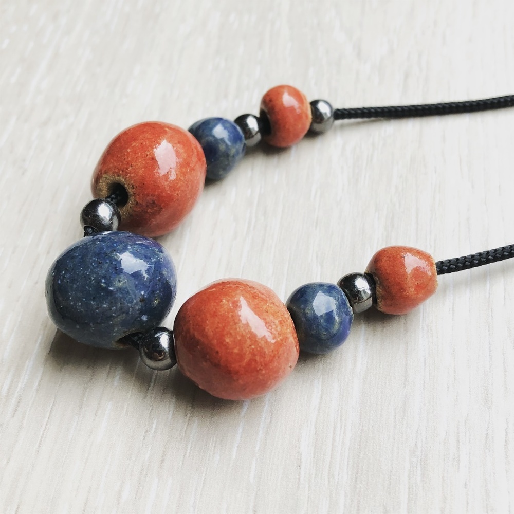 Rust Colored And Blue Statement Ceramic Necklace - image 6